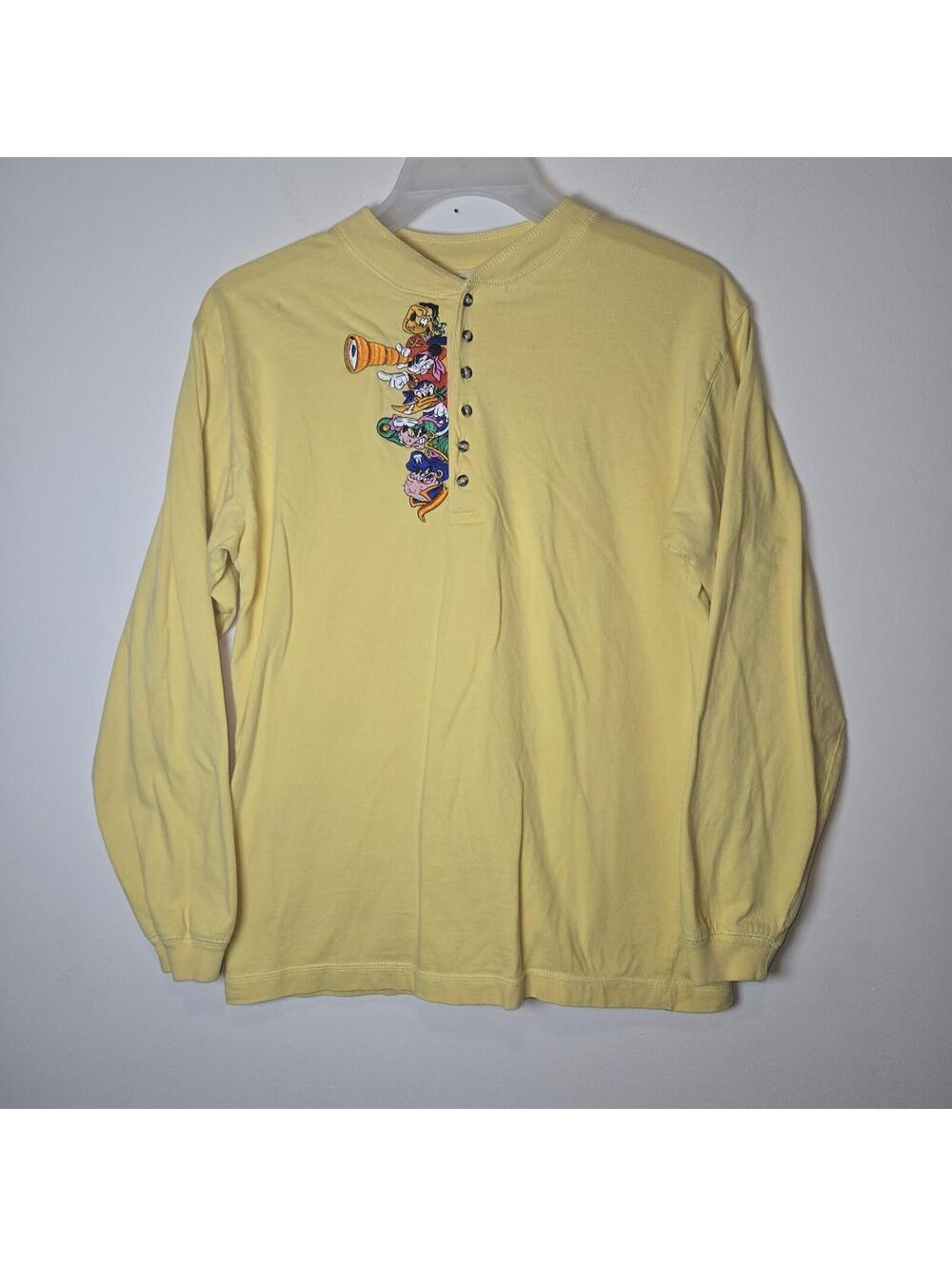 VTG The Disney Store Embroidered Mickey Mouse Pirates Yellow HENLEY Shirt sz L